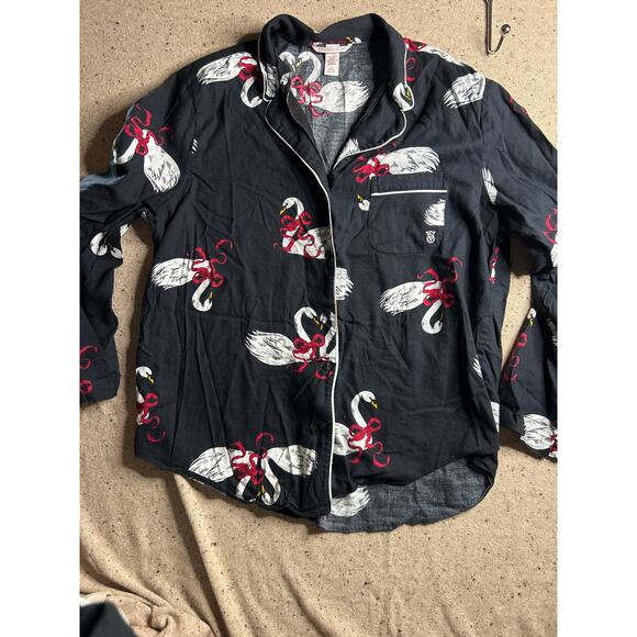 VS Black Swan Print PJs Set L Button Top & Pants Cozy Sleepwear - Picture 2 of 9